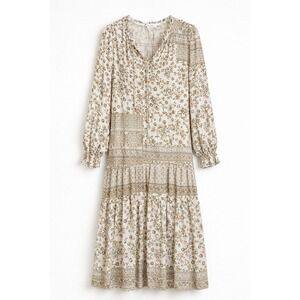 Essential Flair Floral Paisley Patchwork Boho Drop Waist Dress Green Tan Cream L